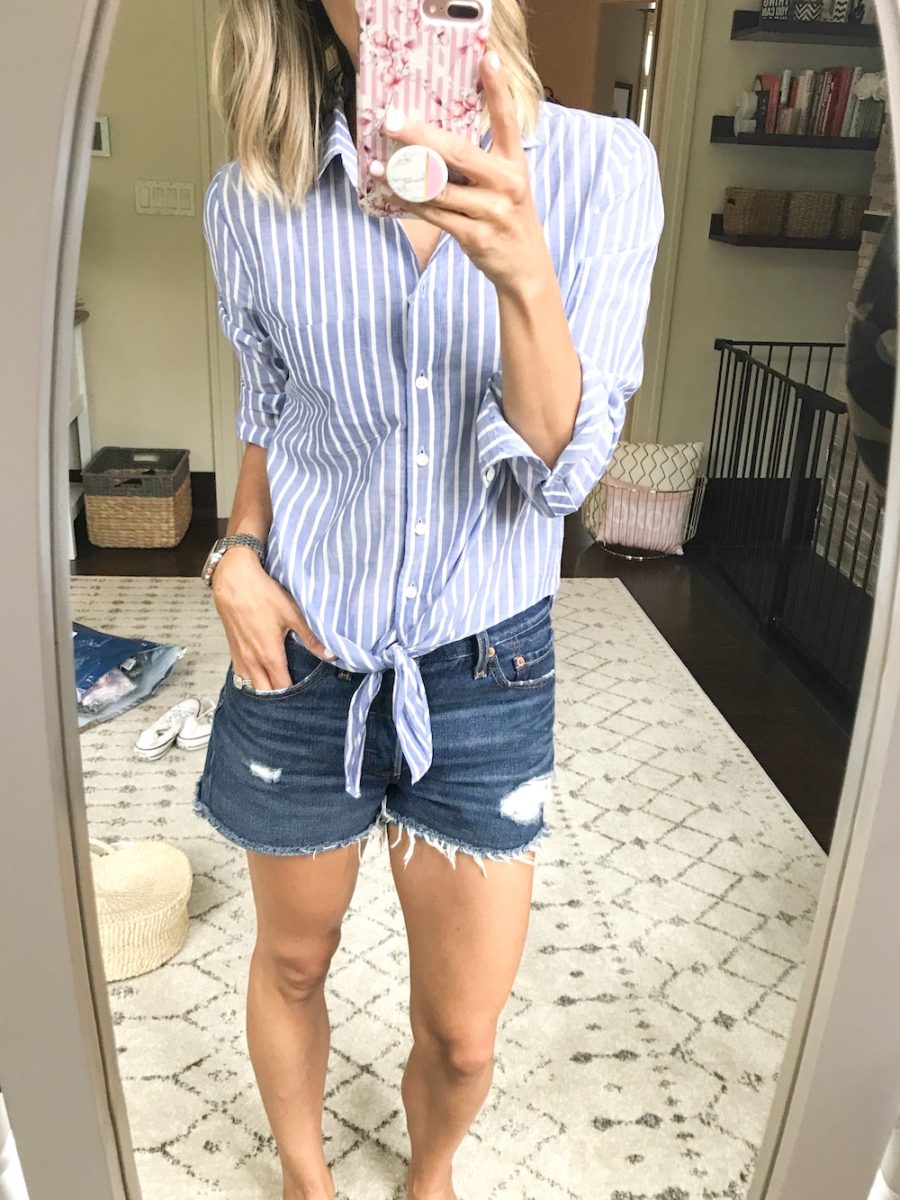 #ootd round up, striped tie shirt and denim shorts