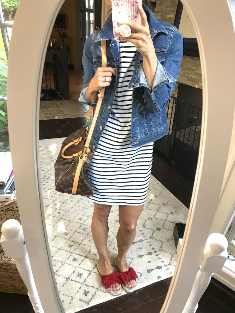 #ootd round up, striped dress, denim jacket, Louis Vuitton bag and sandals