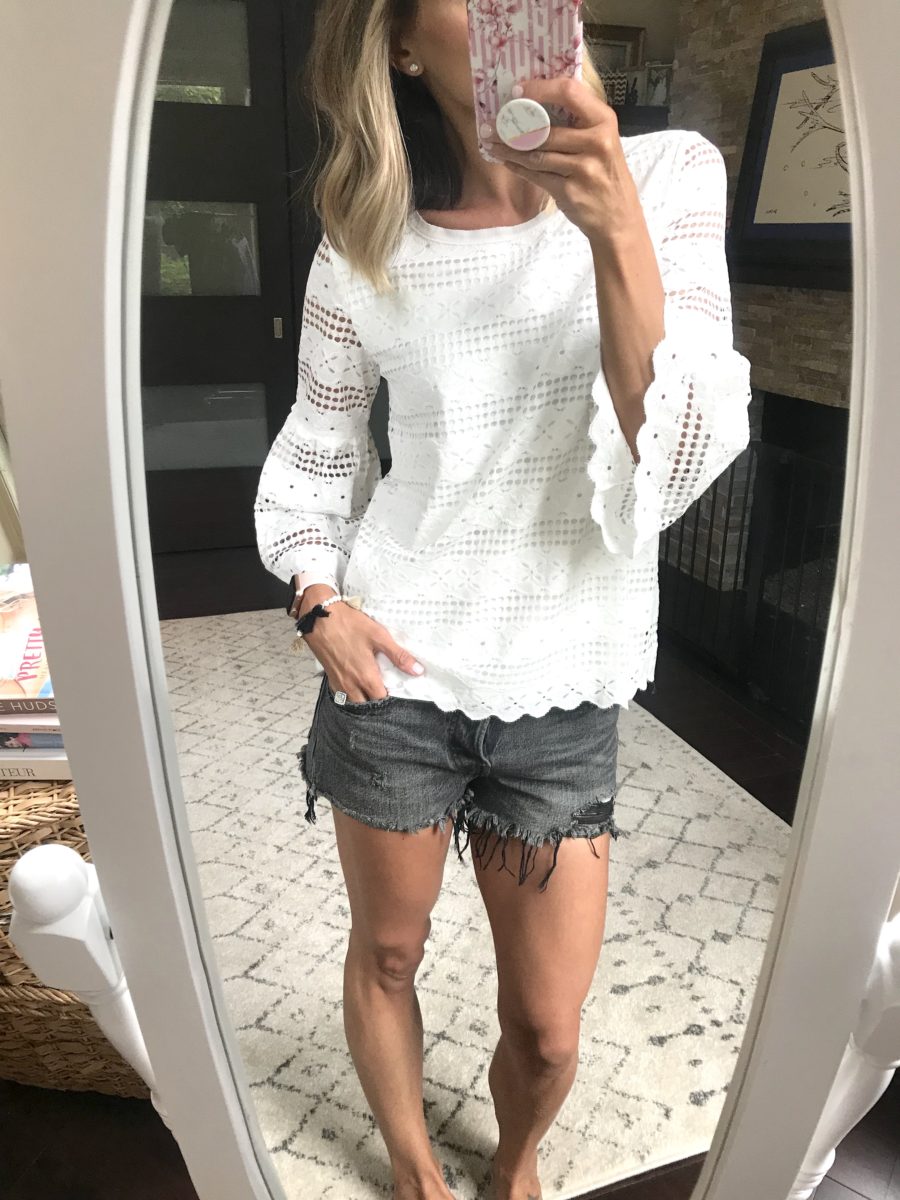Bell sleeve lace top and denim shorts