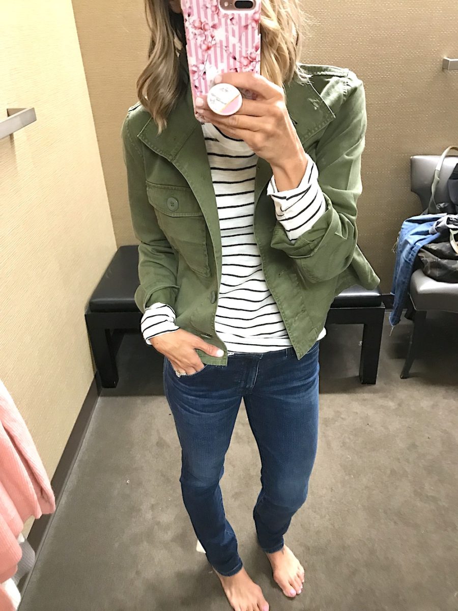 Striped tee, olive jacket, and denim