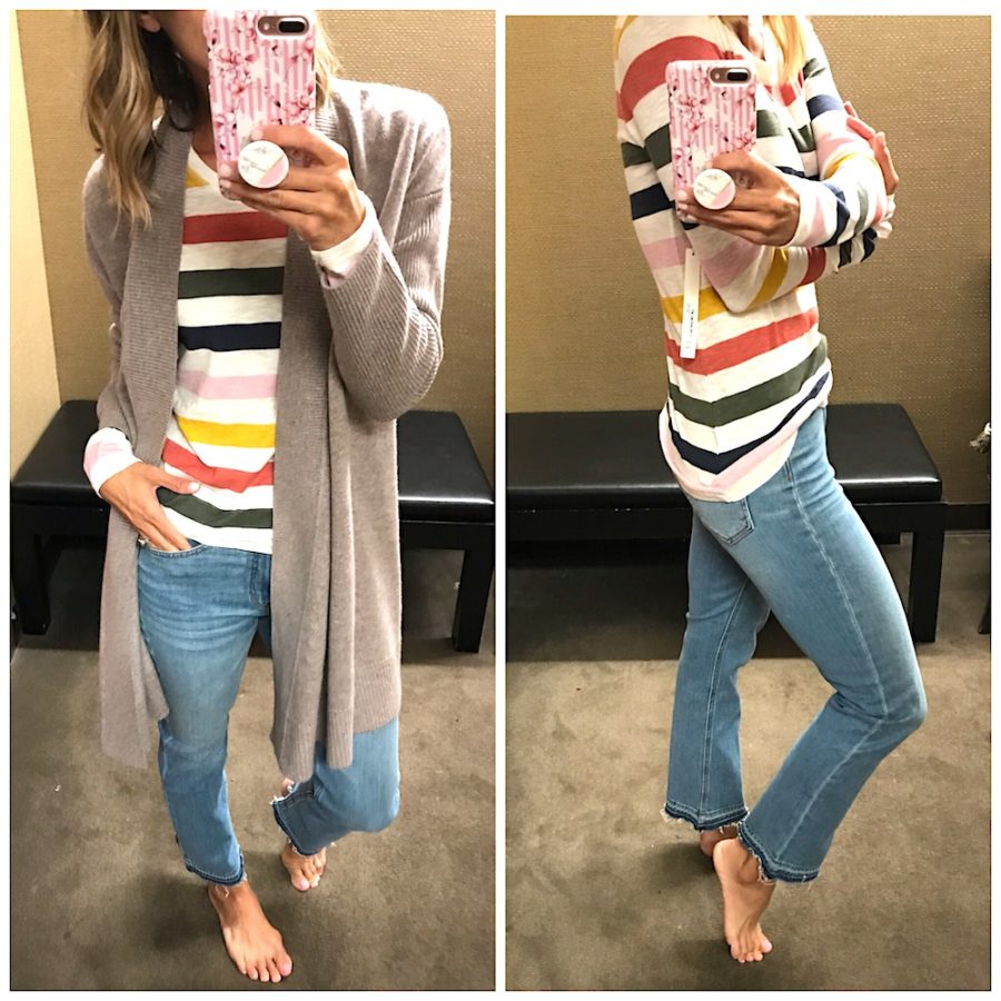 Try on, striped tee, cardigan, and denim