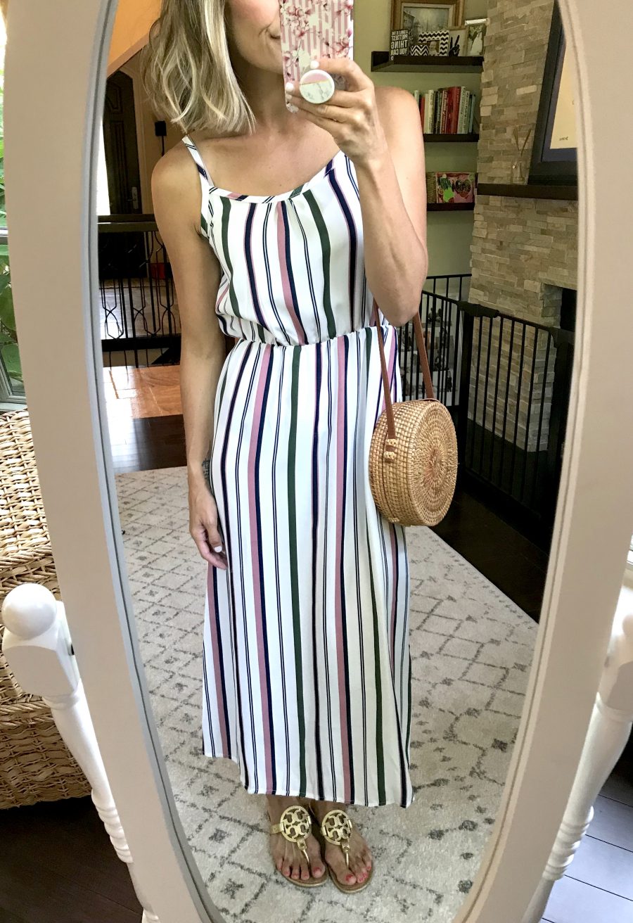 Shein haul, striped maxi dress, sandals, and round bag
