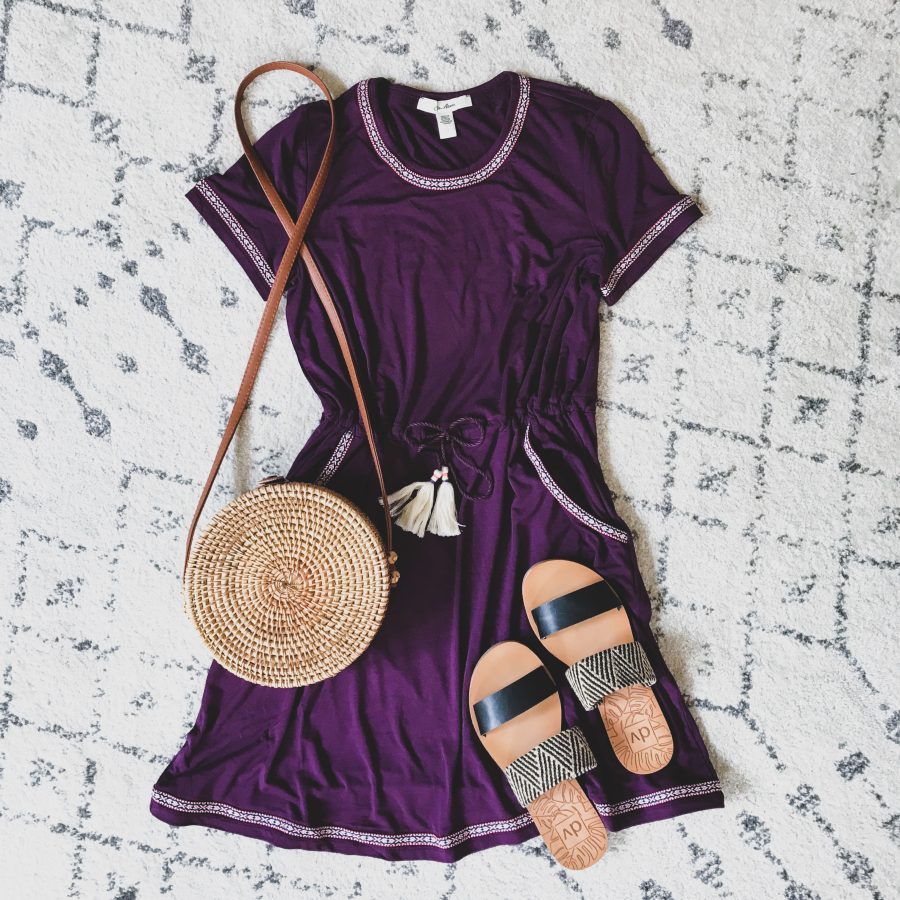 Purple dress, sandals, and straw bag