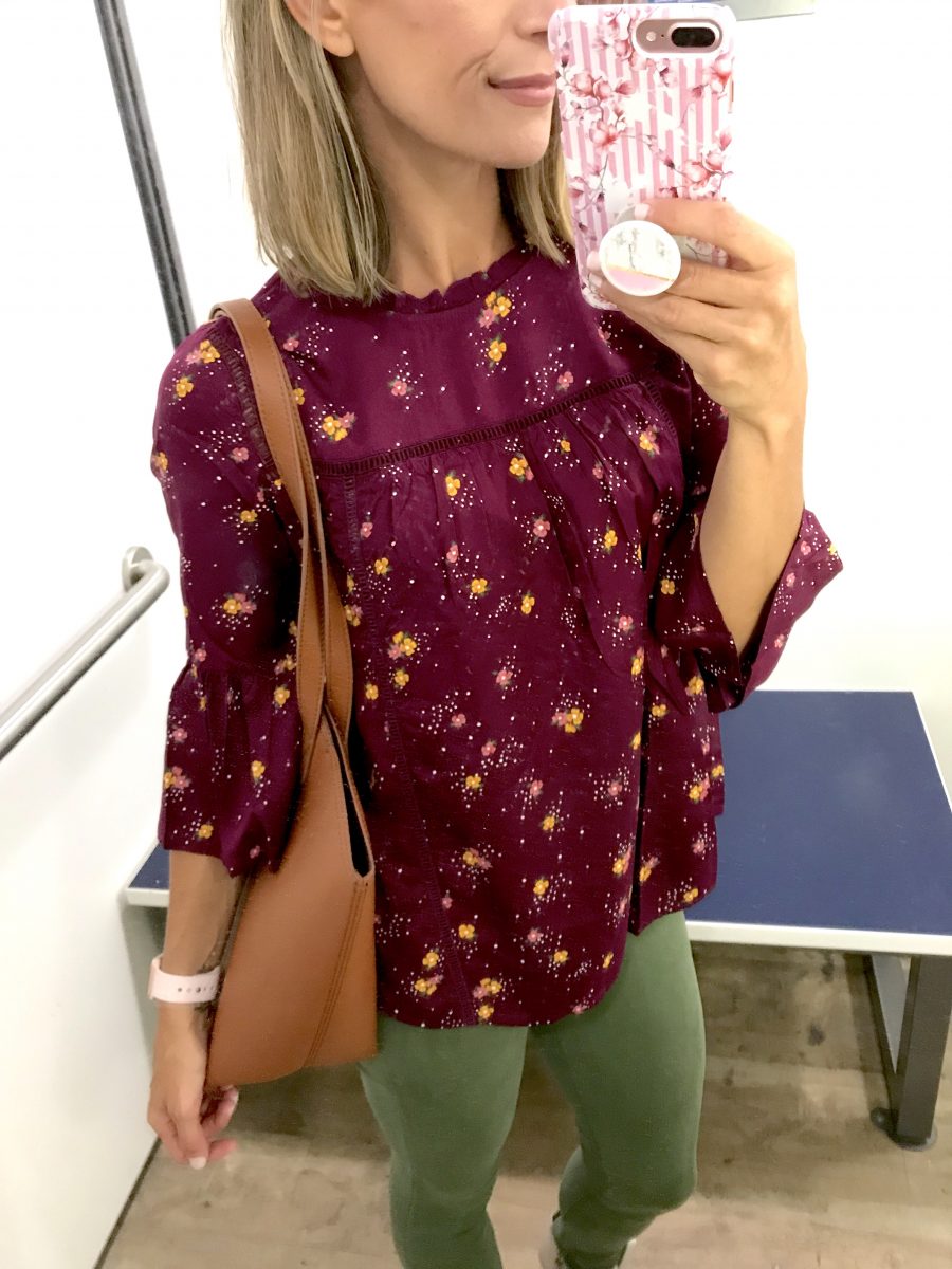 Fall try-on floral ruffle top, olive denim, booties, tote