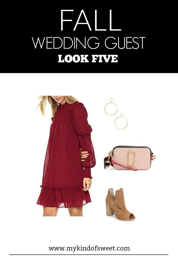 Fall wedding guest outfit ideas, burgundy dress, gold hoops, brown suede heels