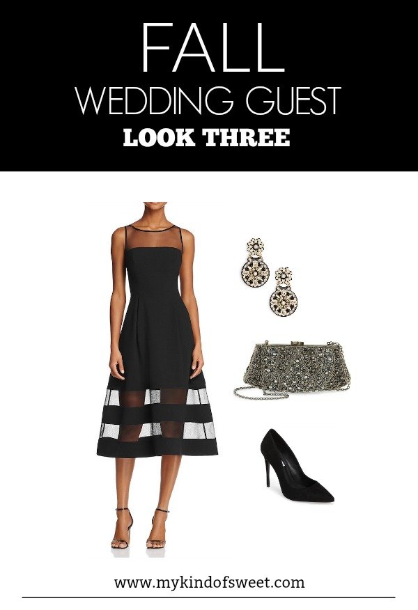 Fall wedding guest outfit ideas, black dress and heels, silver accessories