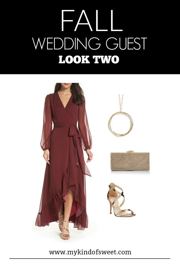 Fall wedding guest outfit ideas, burgundy hi-low dress, strappy heels, gold accessories