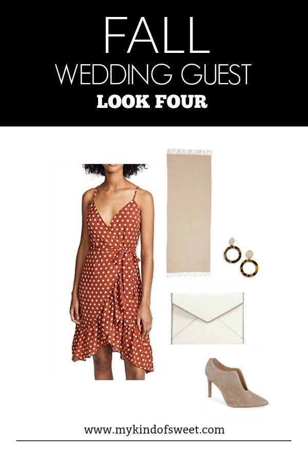 Fall wedding guest outfit ideas, polka dot dress, nude heels, simple accessories