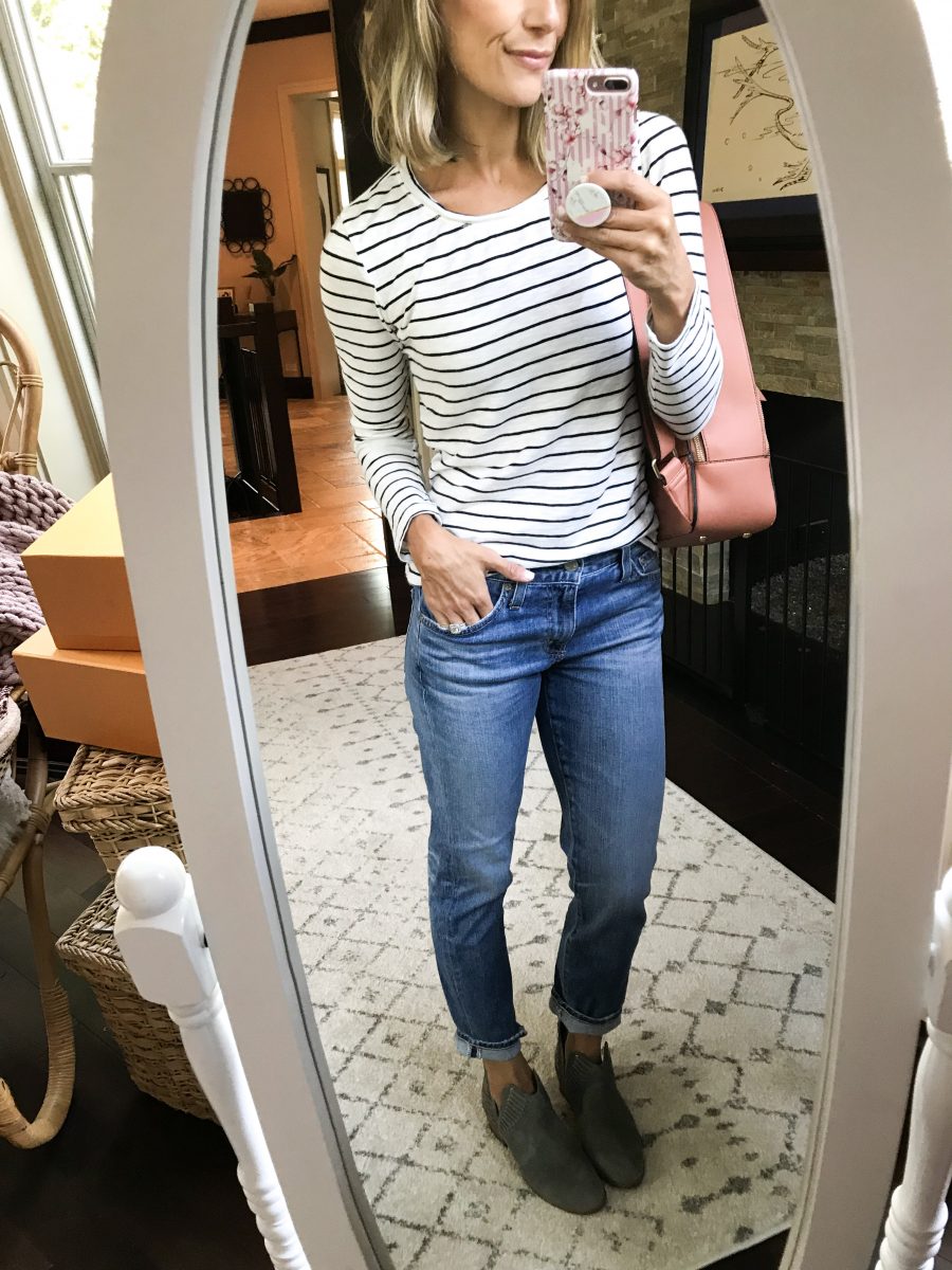 Outfit remix, striped tee, BF denim, booties, laptop bag