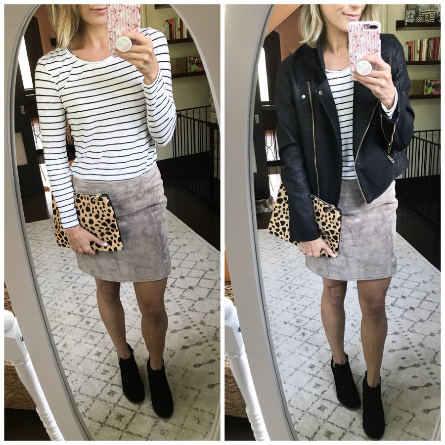 Outfit remix, striped tee, suede skirt, moto jacket, leopard clutch, lucky wedge booties