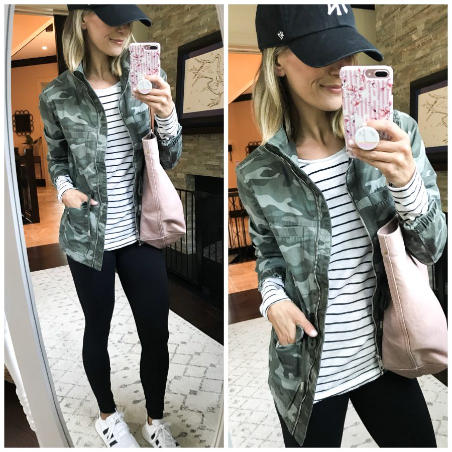Outfit remix, striped tee, camo jacket, Zella leggings, sneakers, Madewell tote, baseball cap