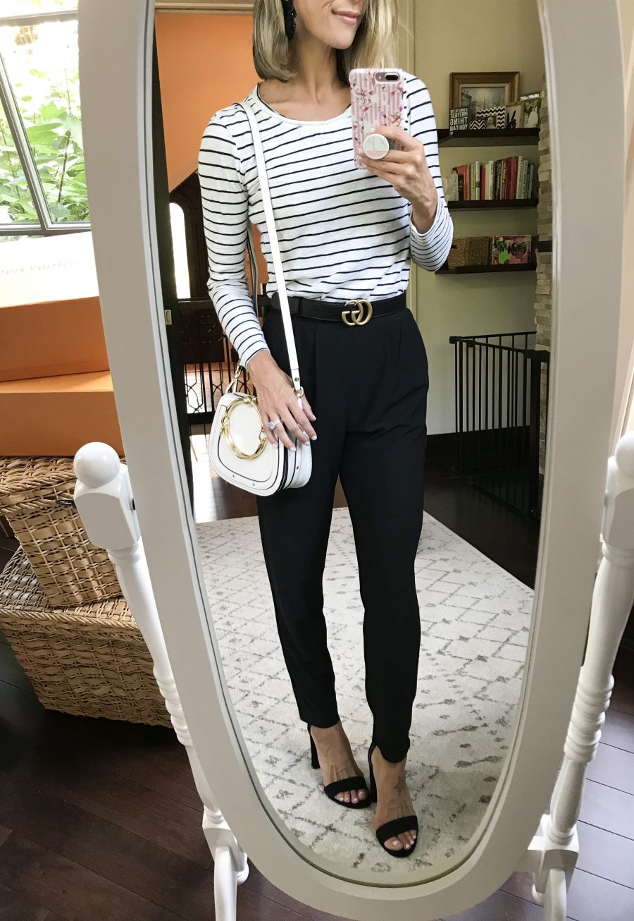 Outfit remix, striped tee, pleated trousers, Gucci belt, heels, Chloe dupe handbag