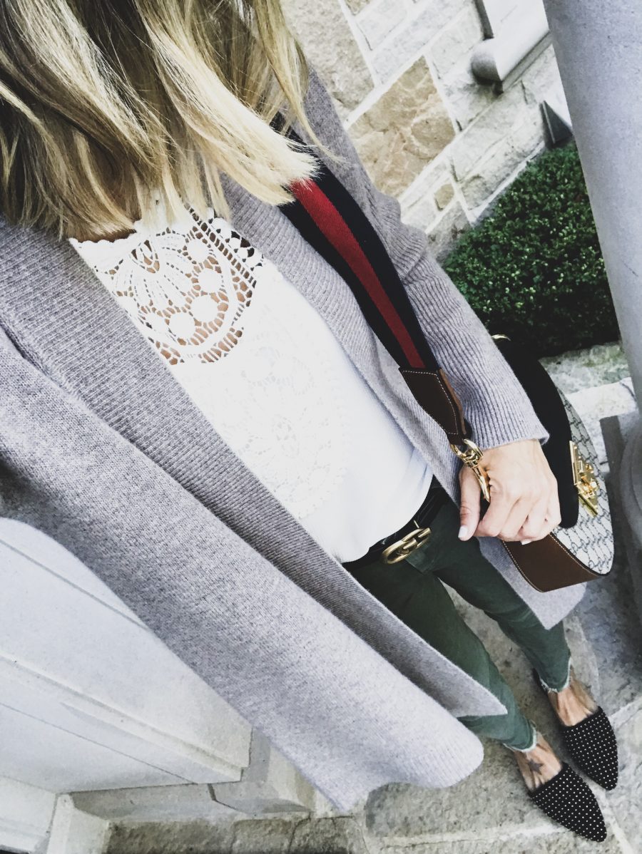 Instagram round up, cardigan, tank, olive pants, mules, and Gucci bag