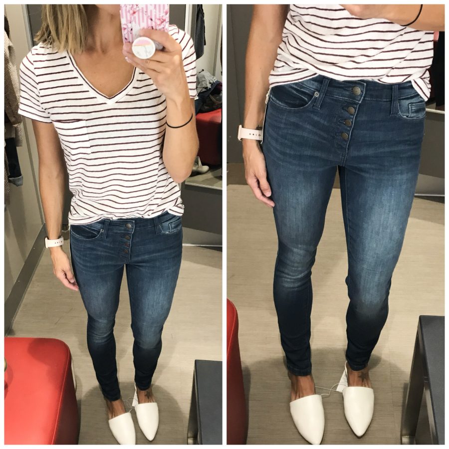 Target fall try on, striped v neck tee, high rise jeans, mules