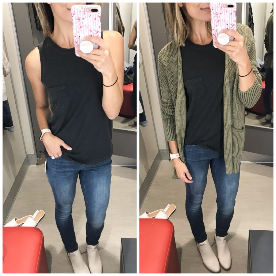 Target fall try on, muscle tank, high rise button fly jeans, booties, cardigan
