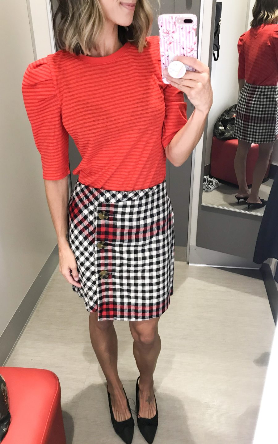 fall Target try-on, puff sleeve tee, mini skirt, kitten heels