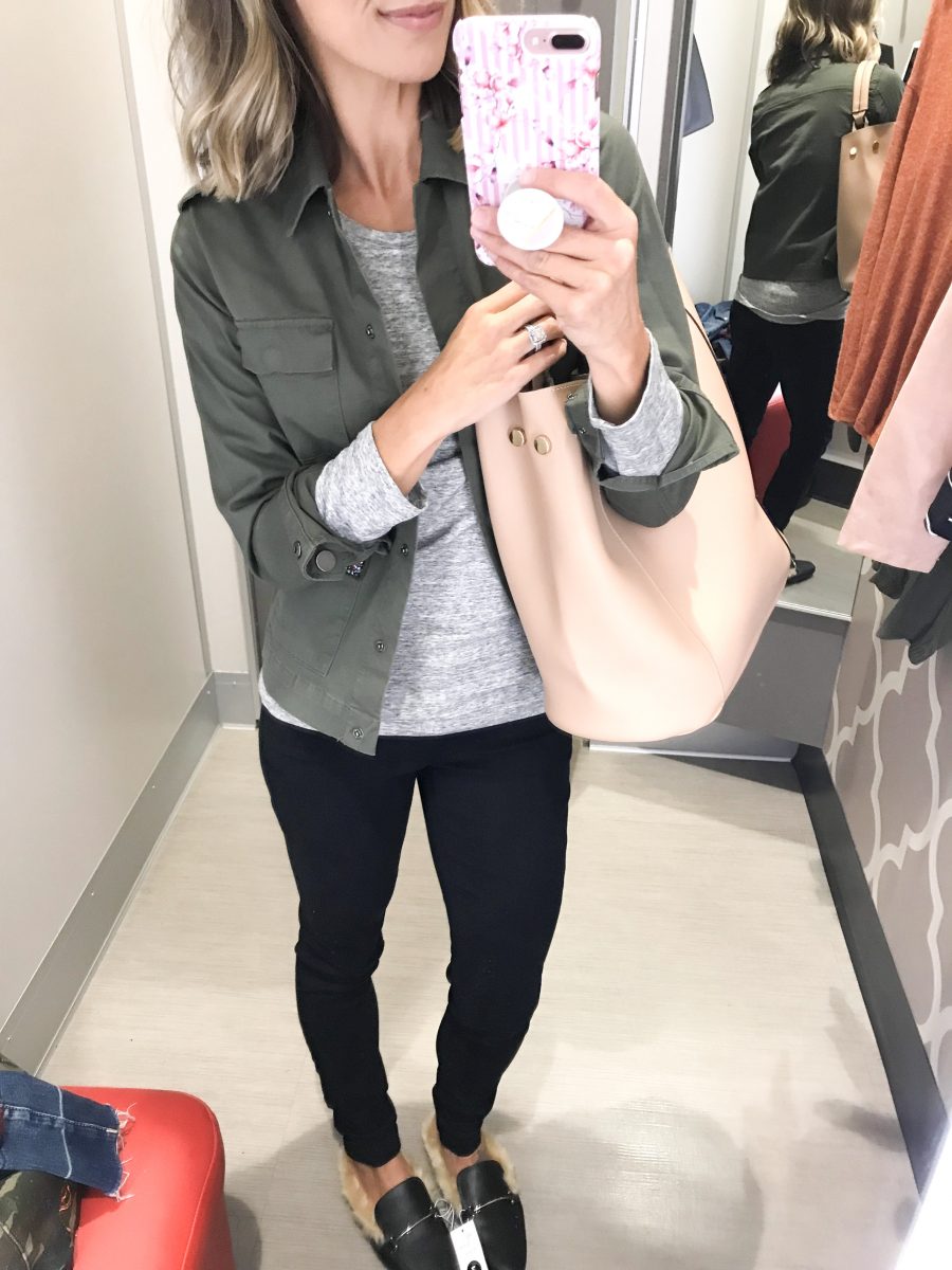 fall Target try-on, army jacket, long sleeve grey tee, button front black jeans, faux fur slides, tote bag