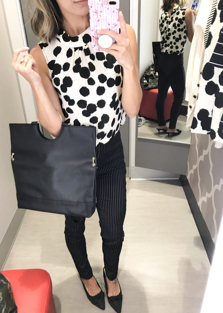 fall Target try-on, polka dot blouse, pinstripe pant, kitten heels, tote bag