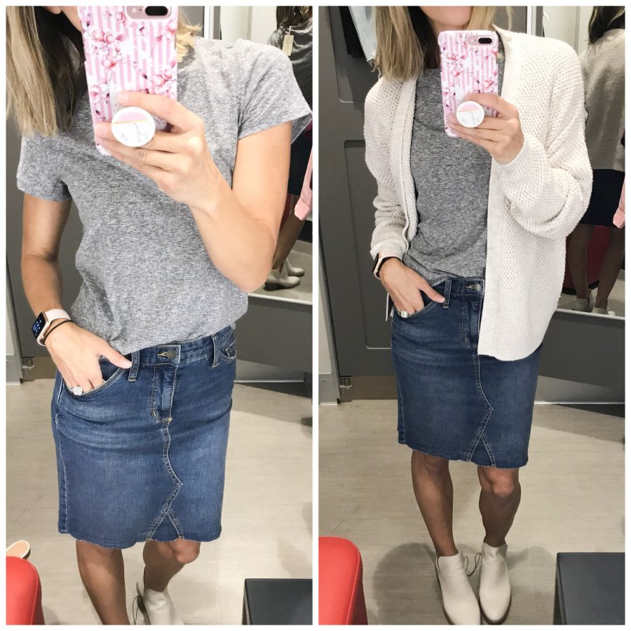 Target fall try on, gret tee, denim skirt, cardigan, and booties