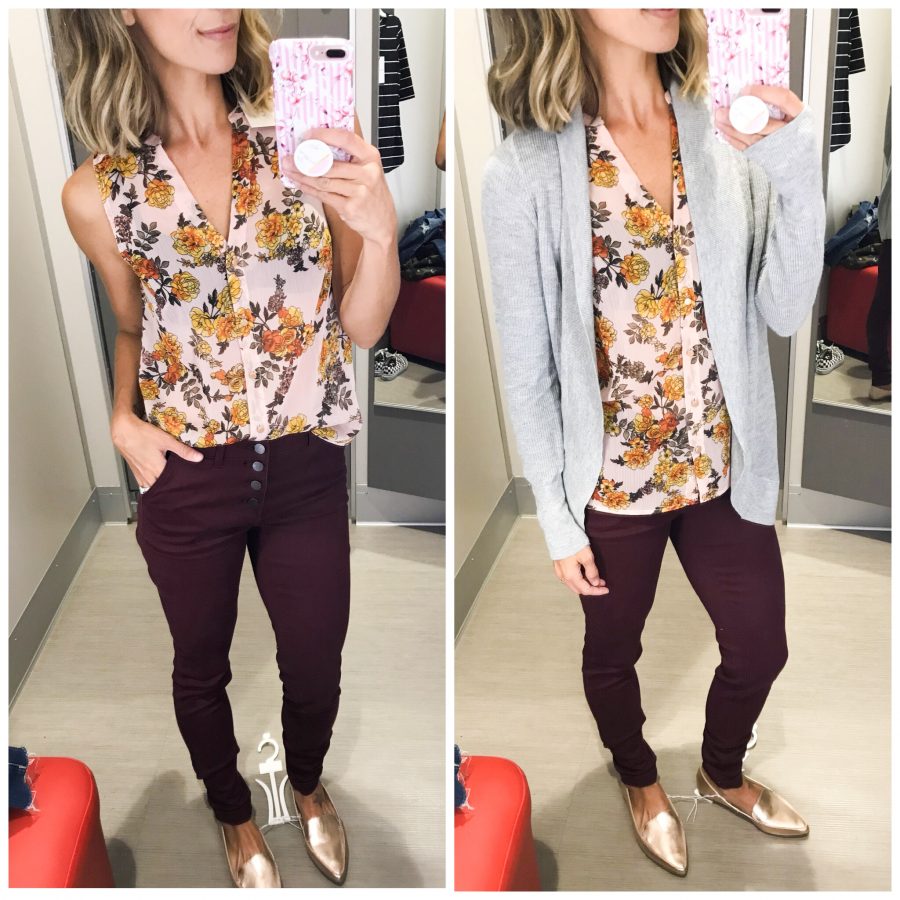 fall Target try-on, cardigan, floral blouse, burgundy jeans, loafers