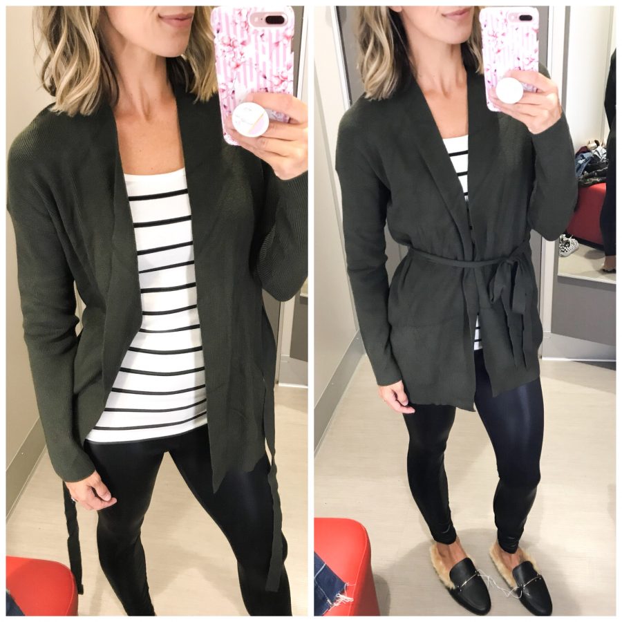 fall Target try-on, striped tank, belted cardigan, faux leather leggings, slides
