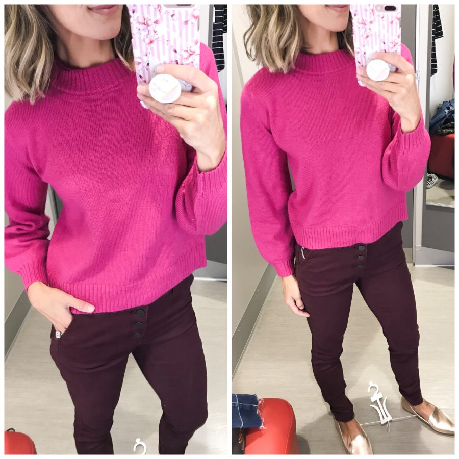 fall Target try-on, sweater, burgundy jeans, loafers