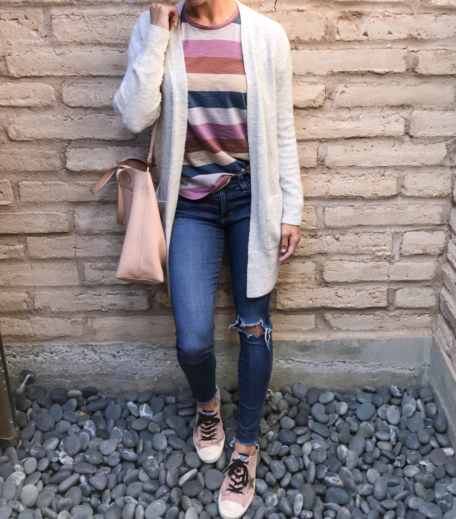 Miraval: What I Wore, Madewell cardigan and striped tee, AG jeans, Golden Goose sneakers, Madewell tote