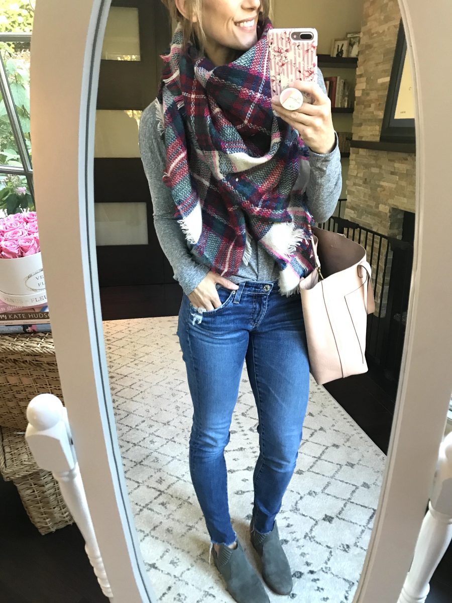 Fall #ootd round up, blanket scarf, Madewell tee, AG geans, Madewell tote, and booties