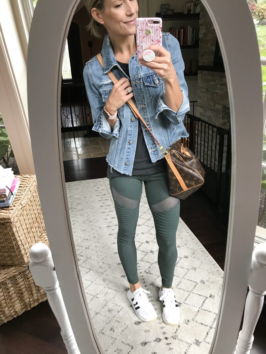 Fall #ootd round up, denim jacket, tank, Adidas sneakers, and Louis Vuitton Speedy bag