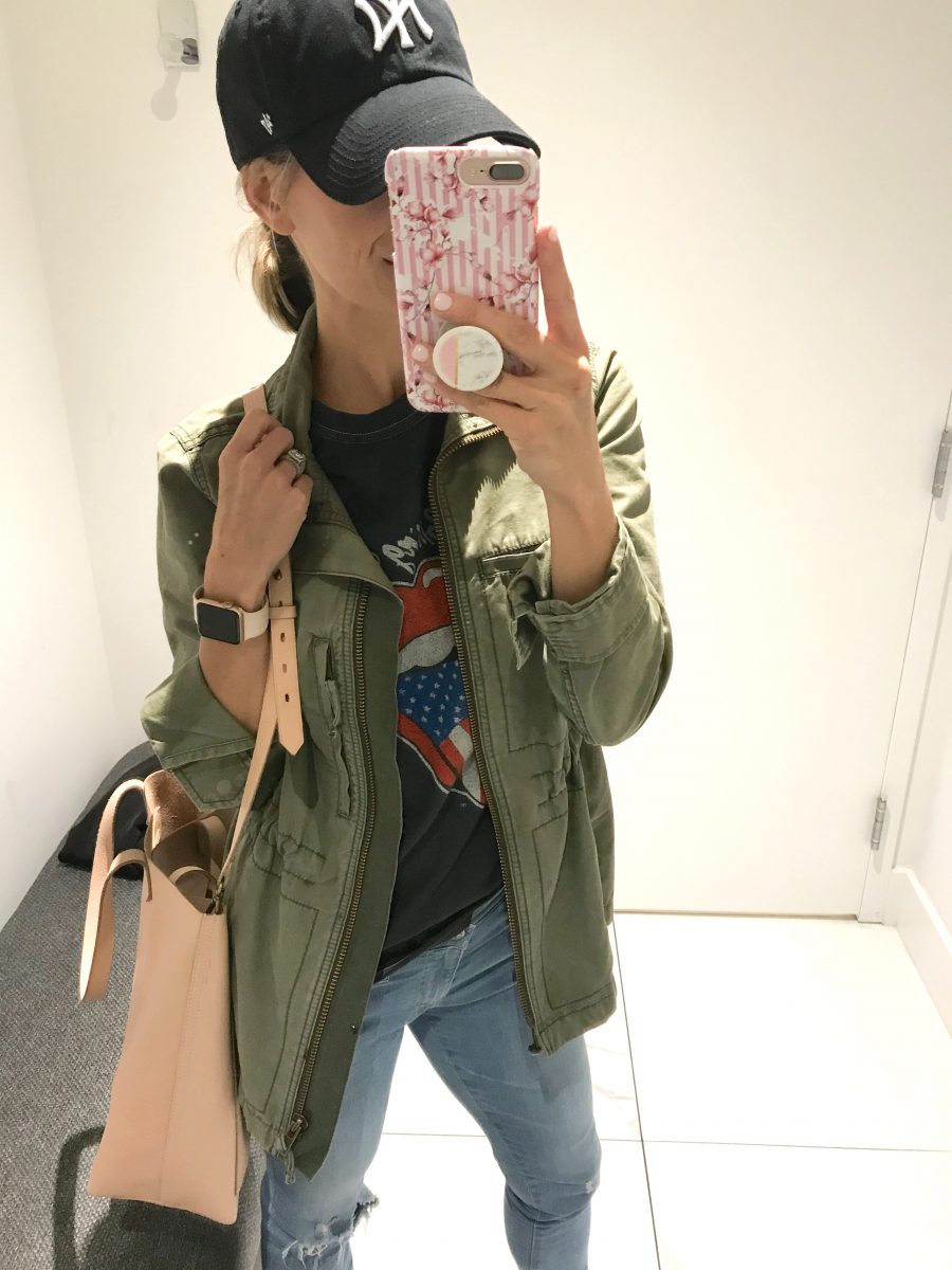Fall #ootd round up, Madewell jacket, band tee, AG jeans, Madewell tote, Vans sneakers, and NY Yankees cap