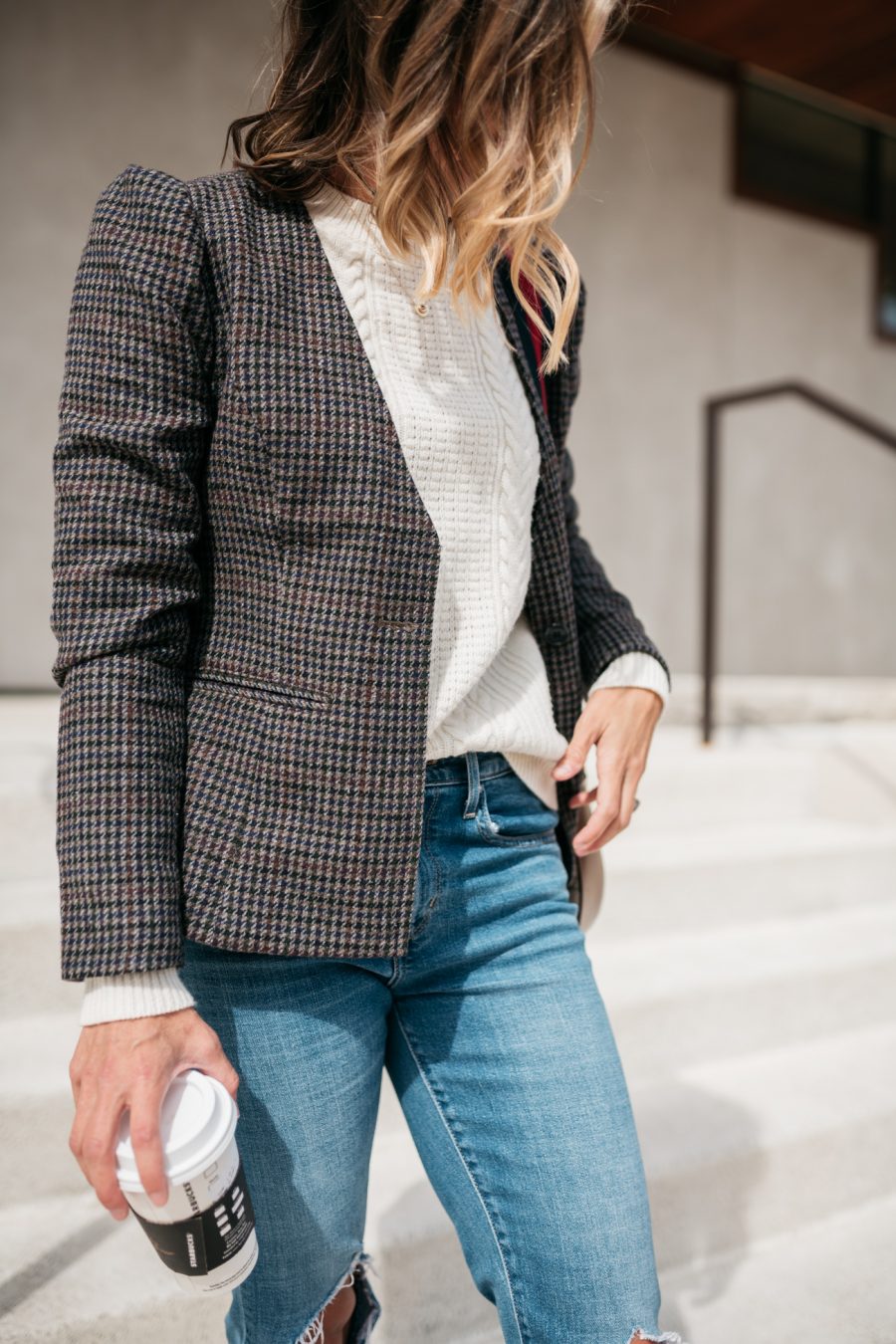 Fall style, plaid blazer, sweater, mom jeans, and booties