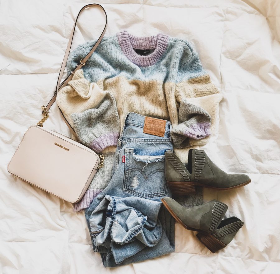 Sweater, jeans, handbag, and booties