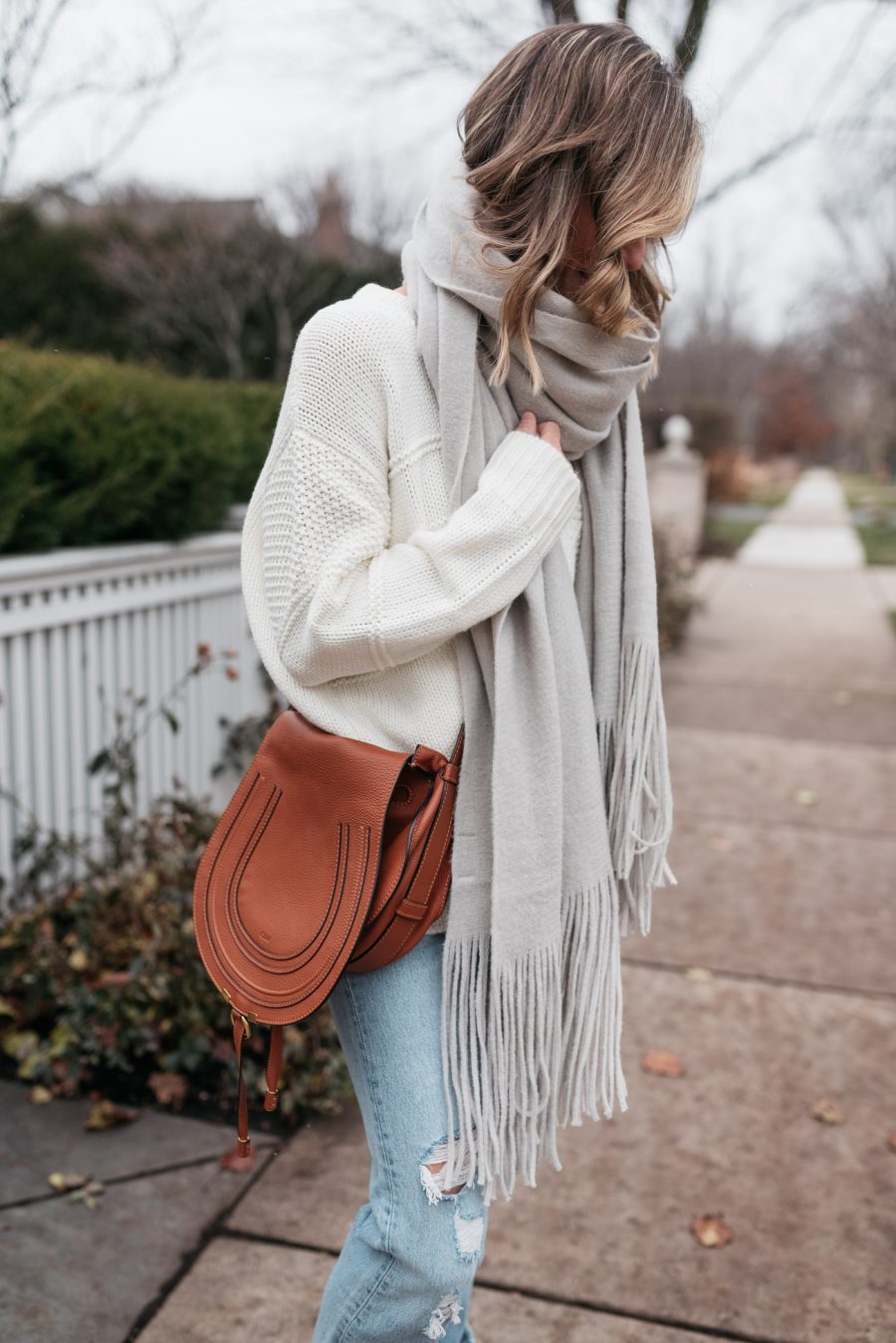 Sweater, cashmere scarf, denim, Sorel winter boots