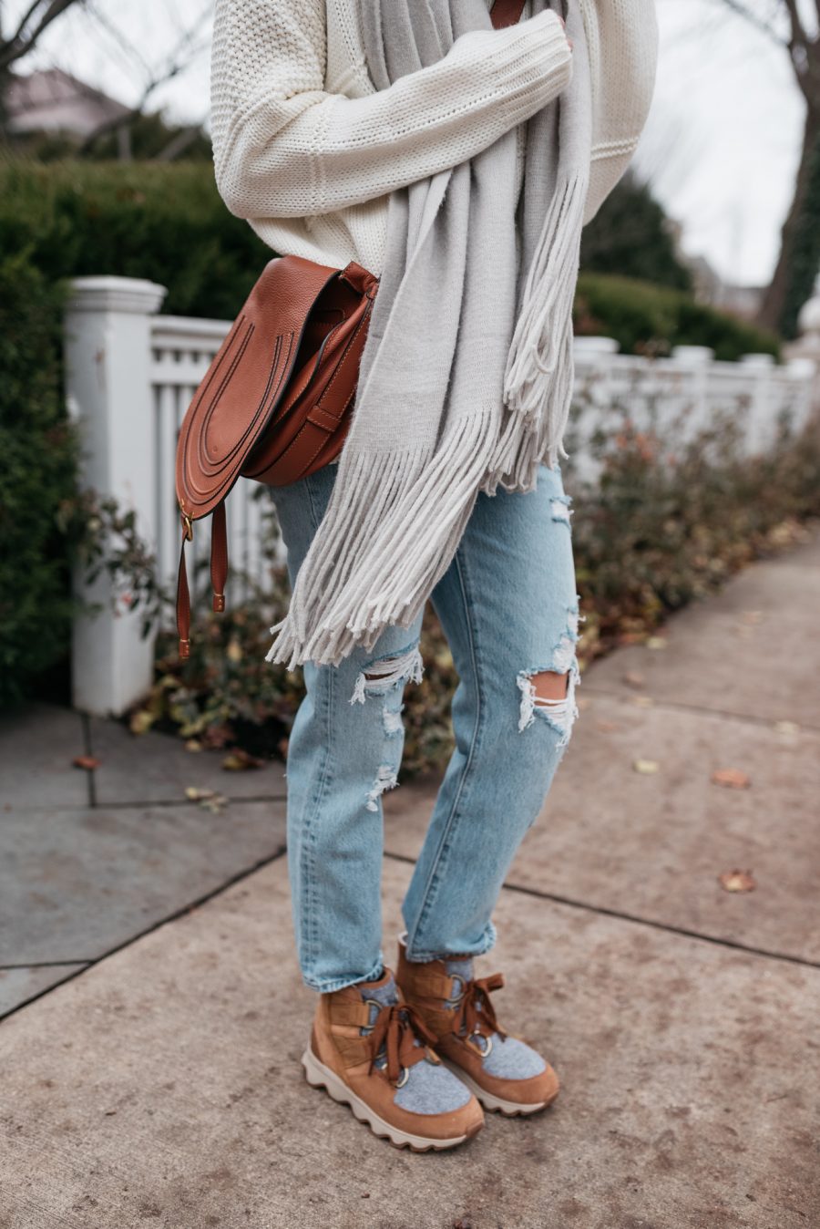 Sweater, cashmere scarf, denim, Sorel winter boots