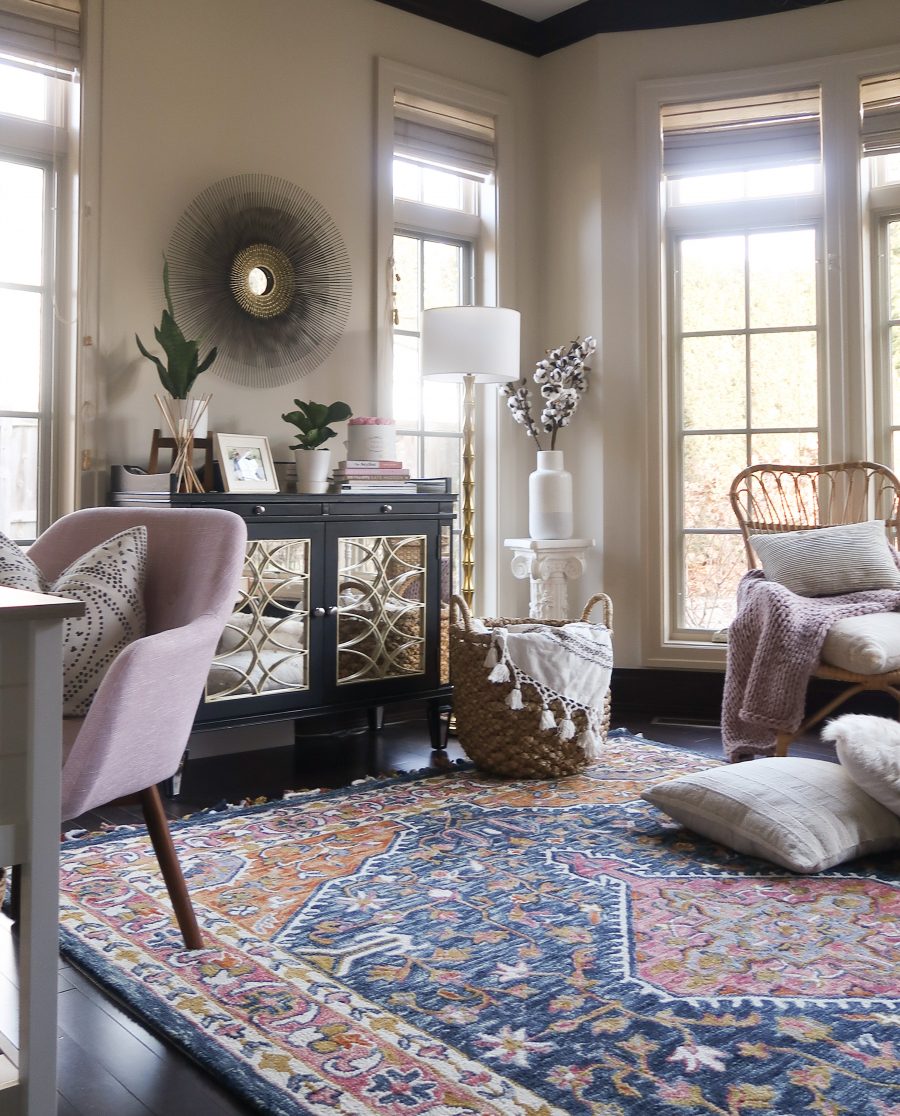 Home office refresh: statement rug, pink chair, storage, decor