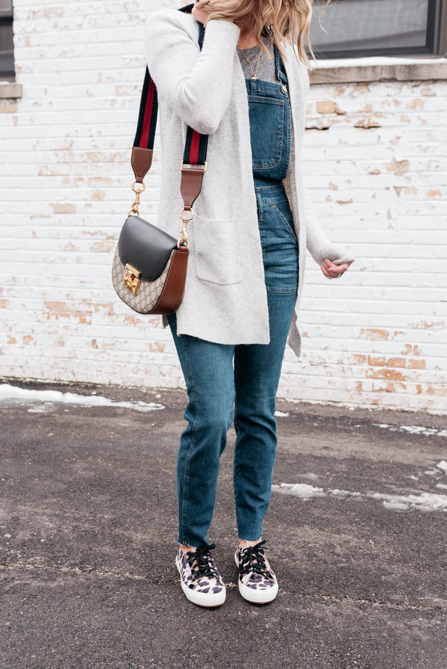Overalls, cardigan, cross body bag, sneakers, and Palm coin necklace