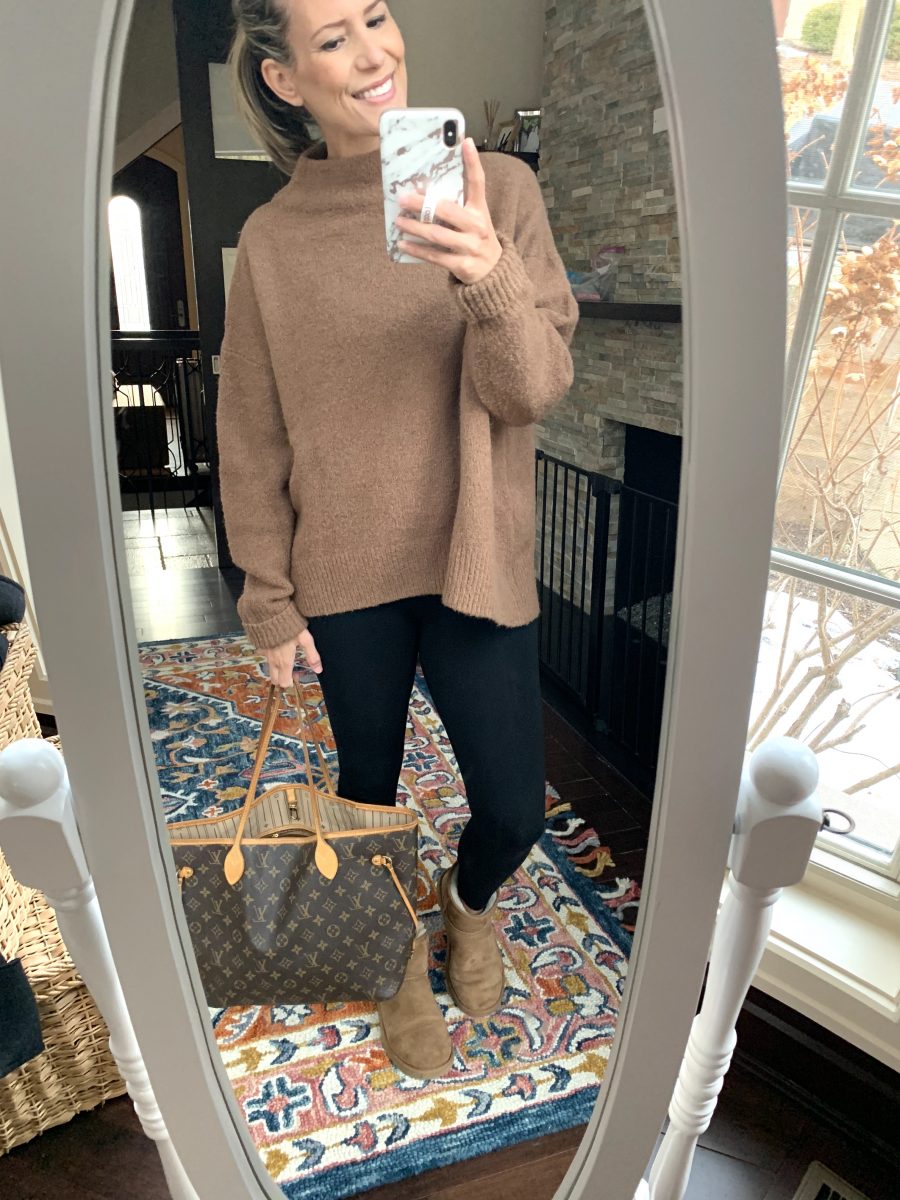 Brown sweater, leggings, and Ugg boots