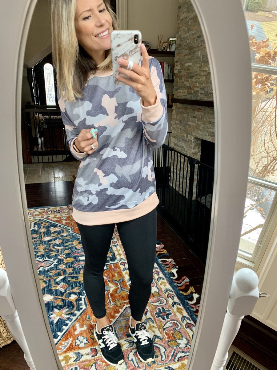 Second trimester outfit ideas, camo pullover and leggings