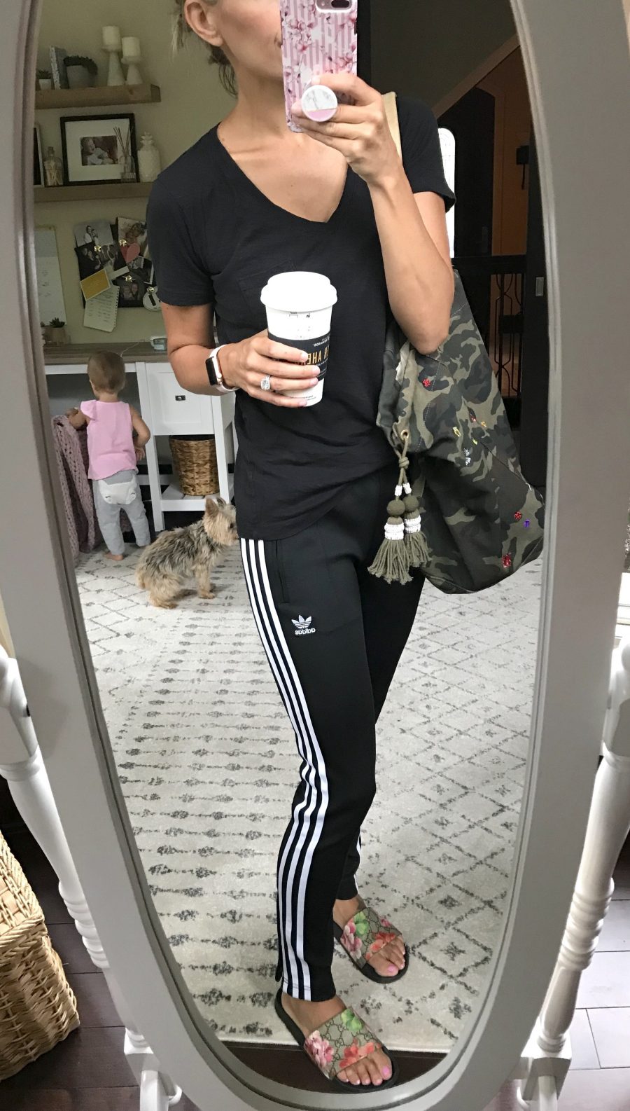 Favorites under $50, tee and Adidas track pants