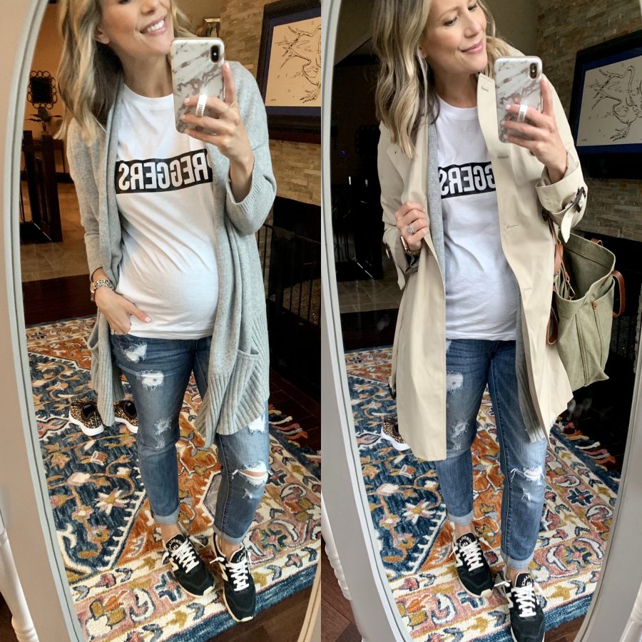 #ootd round up, trench, "preggers" tee, and denim