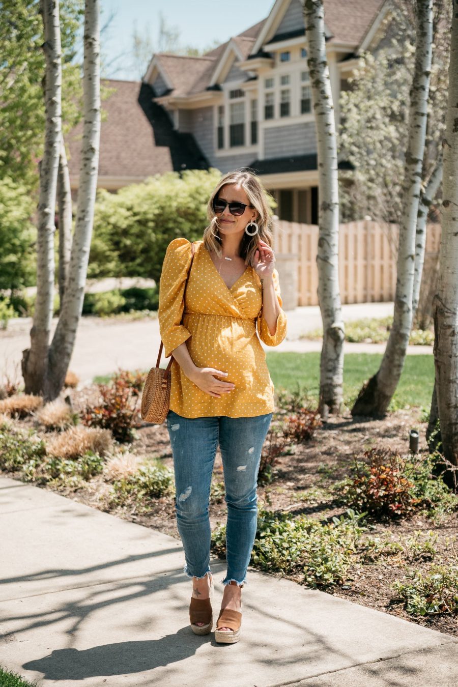 The perfect yellow maternity top, jeans, and espadrille wedges