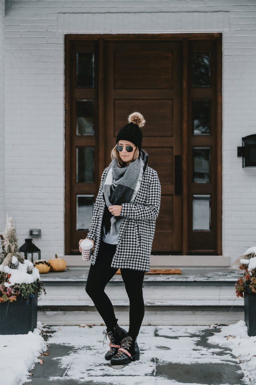 Winter outfit ideas--houndstooth coat, scarf, leggings, beanie, Ray Bans and booties. Early Black Friday sale