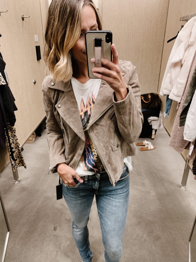 Nordstrom Anniversary Sale try on, suede moto jacket