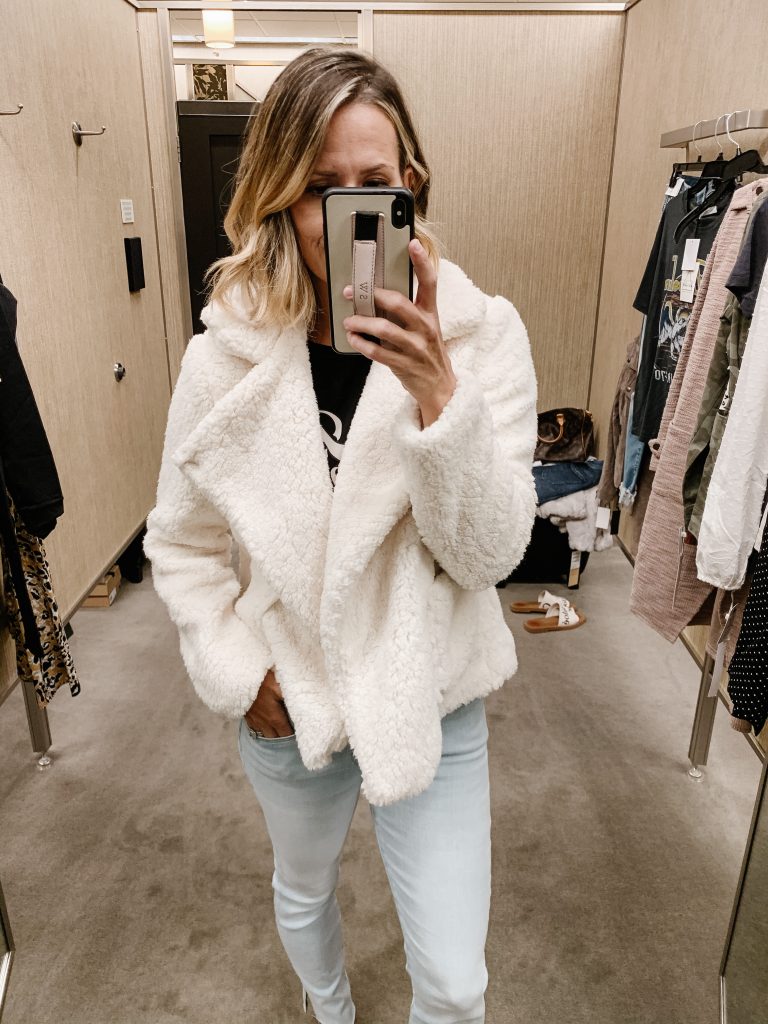 Nordstrom Anniversary Sale try on, faux fur jacket and denim