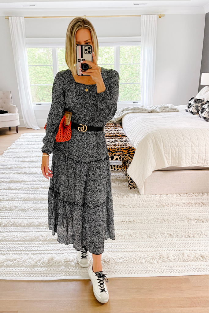 Amazon fashion finds: Maxi dress, Gucci belt, Golden Goose sneakers, clutch