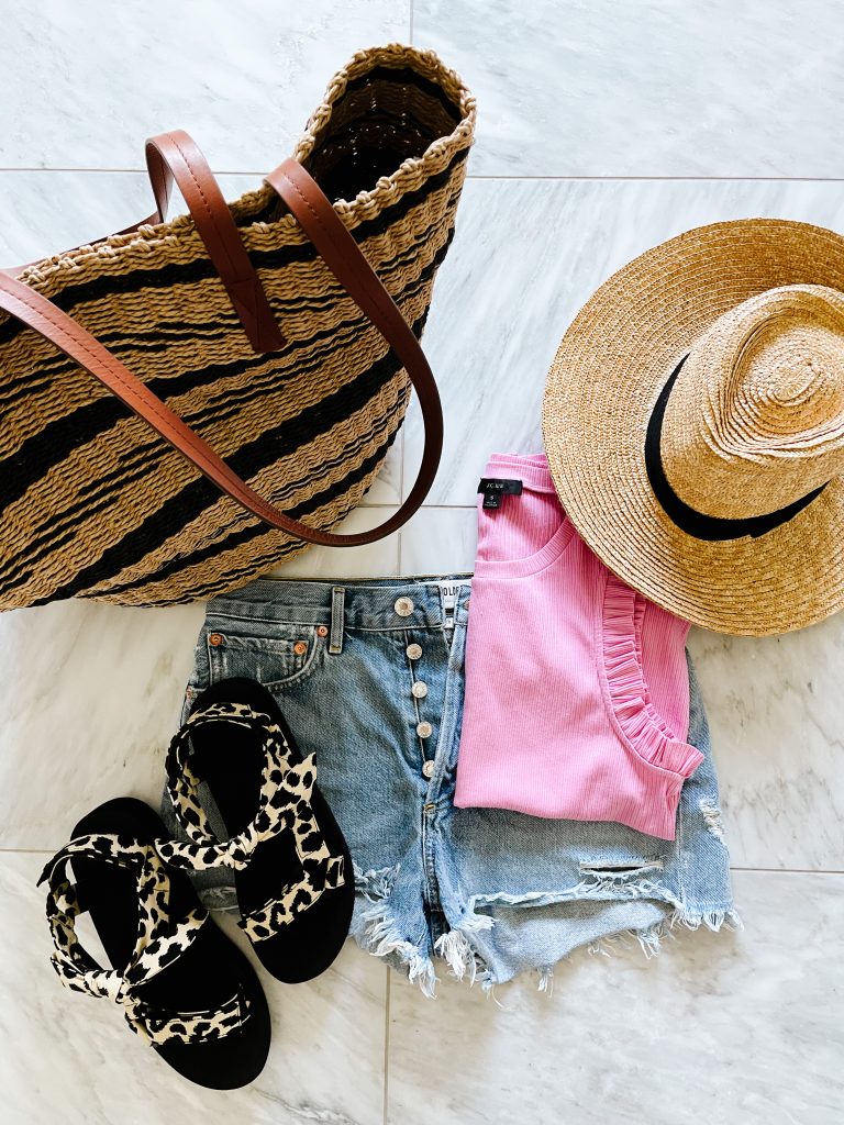 Cut offs, ruffle tank, sport sandals, straw hat and tote