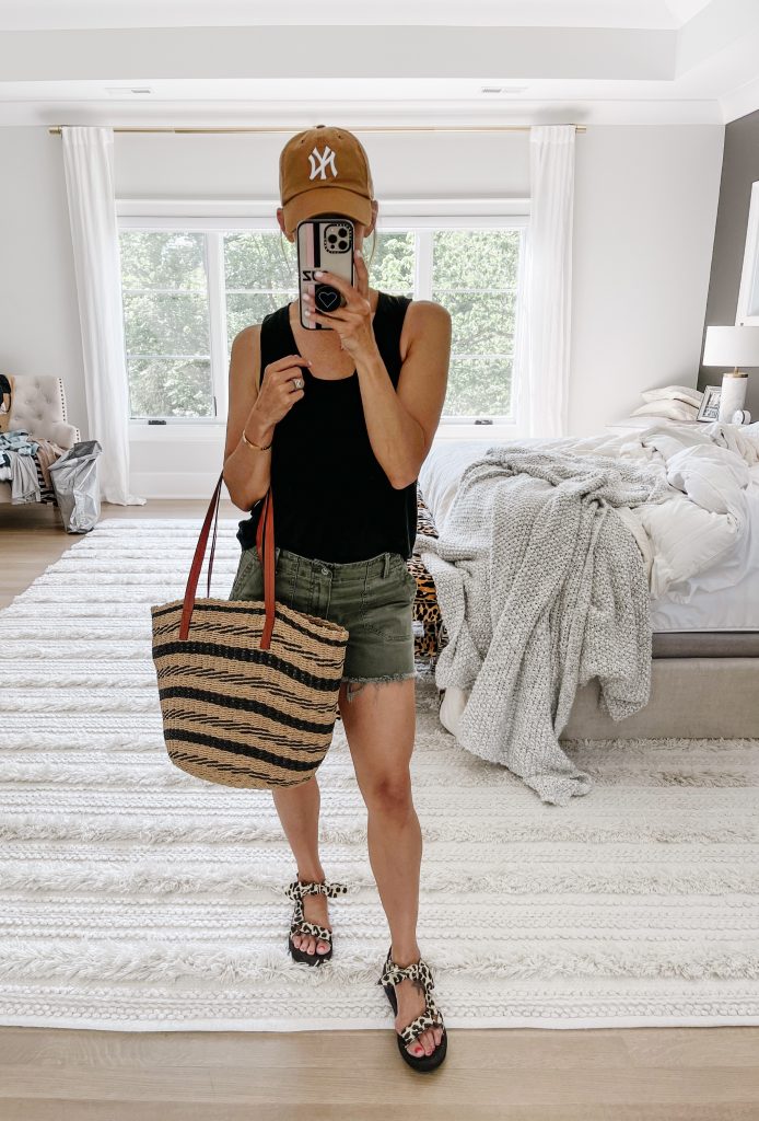 June #ootd round up, tank, olive shorts, leopard sport sandals, and straw tote