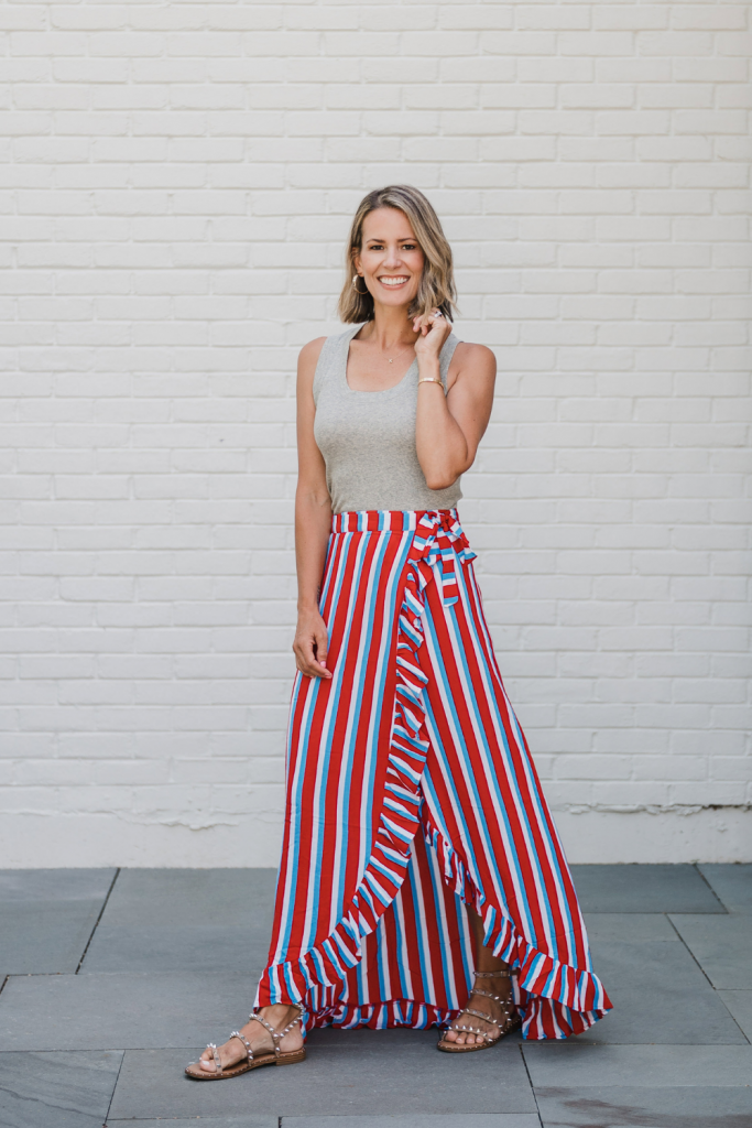 Summer looks with Revolve: red, white and blue wrap skirt, grey tank, Steve Madden sandals 