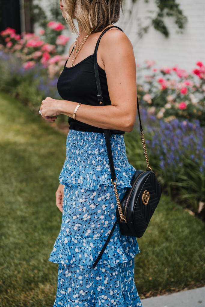 Summer looks with Revolve: midi skirt, black tank, Gucci bag and heels
