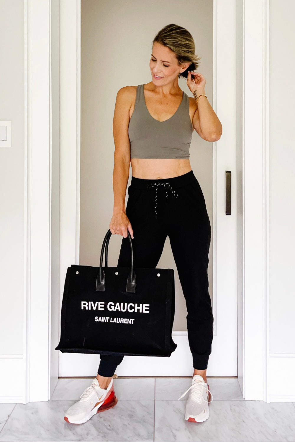 Sports bra, joggers, tote and sneakers
